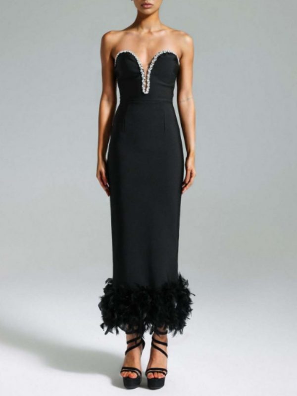 Strapless Feathers Bodycon Long Bandage Dress