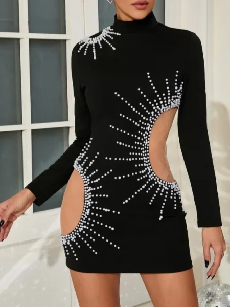 kf-S7c78e3b6846f4f7390f020ea1238dfebA-Sexy-Half-High-Collar-Hollow-Out-Pearl-Mini-Dress-Women-Black-Long-Sleeve-Mesh-Patchwork-Beaded